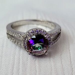 925 Mystic Topaz Halo Solitaire Ring - Silver Sz6 Vivah